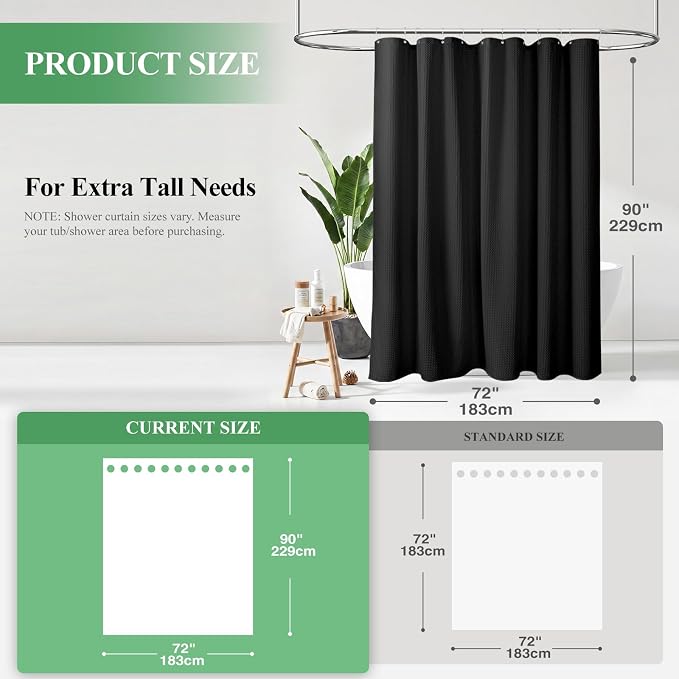 Extra Long Waffle Shower Curtain 256 GSM Fabric 72x90 Black | 90 Inch Tall, Thick Cloth, Weighted Hem, Water Repellent, Hotel Luxury Polyester Shower Curtain Set for Bathroom 12 Hooks
