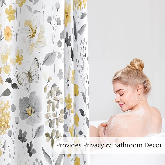 Yellow Floral Shower Curtain, Yellow Grey Cute Flower Fabric Shower Curtain for Bathroom, Watercolor Wildflower Butterfly Cloth Shower Curtain Set with Hooks, 72x72
