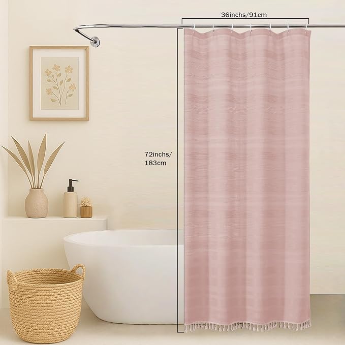Small Stall Shower Curtain - Linen Textured Bathroom Curtain with Boho Tassel, Heavy Duty Farmhouse Bath Decor for RV Camper, Machine Washable, 36Wx72L Inches, Pink