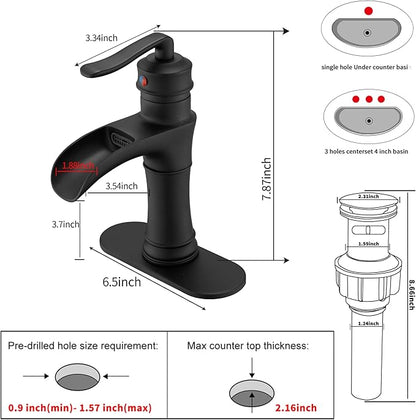Waterfall Bathroom Faucet GGStudy Black Single Handle One Hole Farmhouse Matte Black Bathroom Vanity Faucet Basin Mixter Tap Deck Mount with Drain Assembly