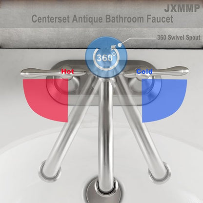 Brushed Nickel Bathroom Sink Faucet, Stainless Steel Centerset Antique Bathroom Faucet with Drain and Supply Hose,4 in Brushed Nickel Sink Faucet for Bathroom