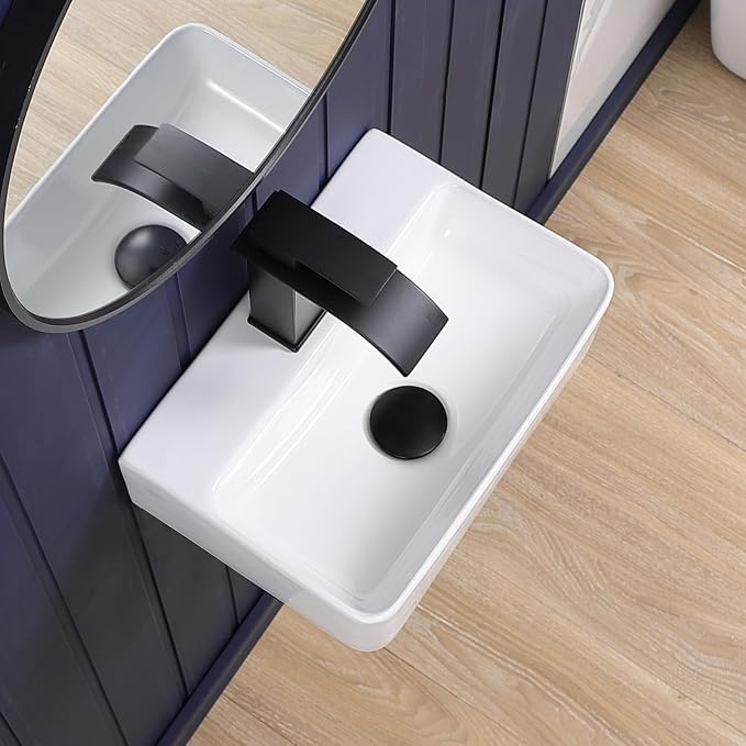 Small Wall Mount Bathroom Vessel Sink 14"x10" Rectangular Floating White Porcelain Ceramic Wall Hung Vanity Basin Sink for Tiny Home,RV,Bathroom