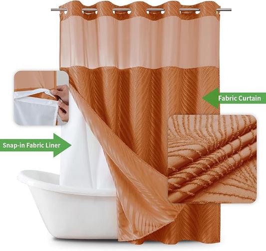 eachope no Hook Shower Curtain and Fabric Liner Set，Thanksgiving Autumn Shower Curtain, Boho Tufted Striped Style with See Through Top Window,Orange, 71Wx74H
