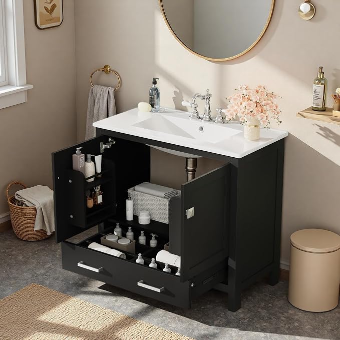 36" Freestanding Bathroom Vanity with Sink, Floor Stand Bathroom Storage Cabinet with Ceramic Sink, Doors with Double-Layered Storage Shelves, Modern Compact Vanity with Divided Drawer, Black