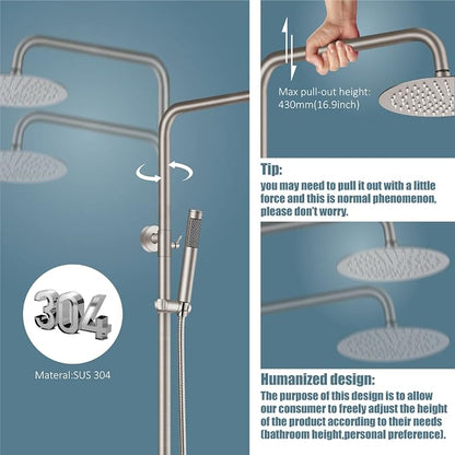 Aolemi Outdoor Shower SUS304 Outside Kit Handheld Tub Spout Brushed Nickel | 8 Inch Head, Handheld Spray, Swivel Tub Faucet, Adjustable Height,Outside Exposed Shower Fixture,Single Handle,Wall Mount