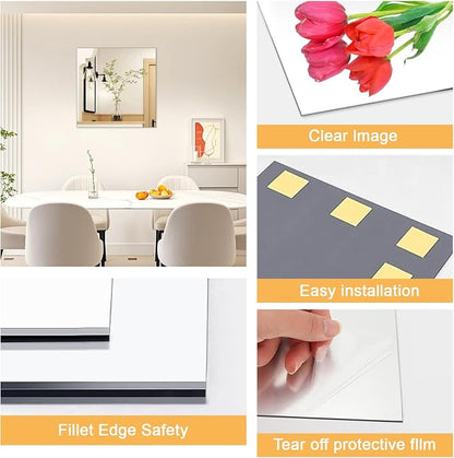 16x16 in Acrylic Mirror Sheet for Wall, 2.5mm Plastic Wall Mirror | Non Glass Body Mirror Tile with Adhesive Tapes, Modern Decorative Square Wall Mirror for Bathroom Bedroom Home Gym Door Decor