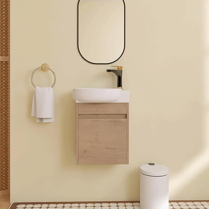 16 inch Floating Bathroom Vanity with Sink, 16'' Wall-Mount Single Sink Vanity with Soft-Close Door & White Ceramic Top, for Small Space, Modern Bathroom Storage Cabinet (029-16IMOX)