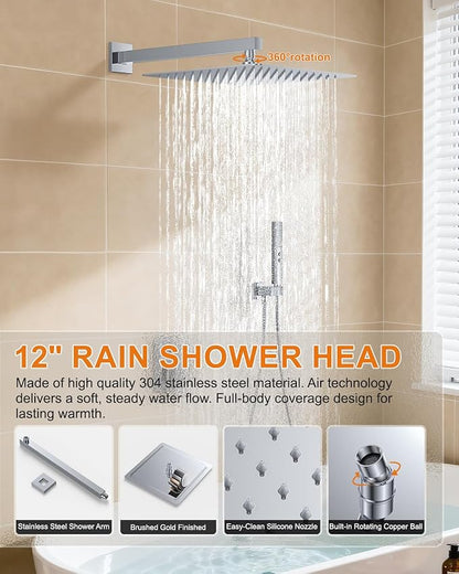 Chrome Shower System with Tub Spout, Wall Mounted Bathtub Shower Faucet Set, 12" Rainfall Shower Head and Handheld Shower Combo, High Pressure Shower Fixtures Set with Rough-in Valve