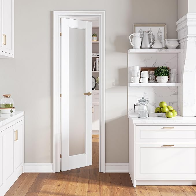 SMARTSTANDARD 20" x 80" Slab Door, Solid Core Frosted Glass Pantry Door | Pre-Assembled Interior Door without Hardware Kit for Pantry, Pocket, White Primed, Paintable Surface