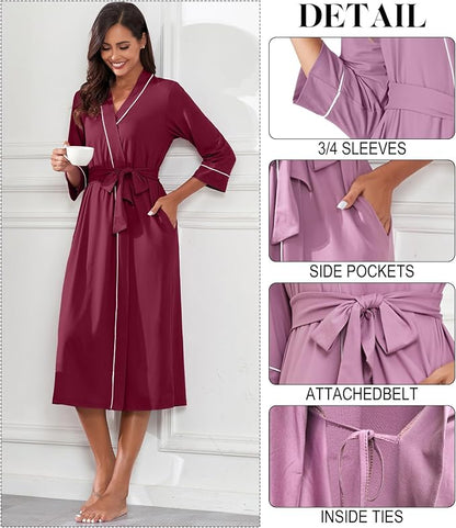 PrinStory Robes for Women 3/4 Sleeve Long Bath Robe XS-4XL | V-Neck Knit Bathrobe with Pockets, Lightweight, Soft, Breathable Robes for Shower, Spa, Travel, Home, Party, Nursing