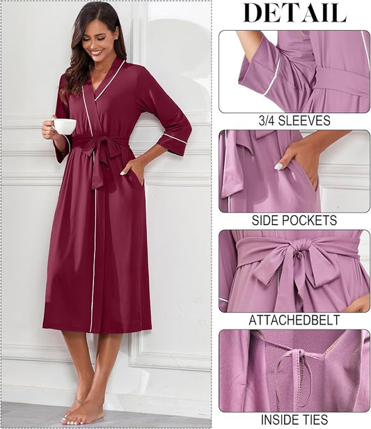 PrinStory Robes for Women 3/4 Sleeve Long Bath Robe XS-4XL | V-Neck Knit Bathrobe with Pockets, Lightweight, Soft, Breathable Robes for Shower, Spa, Travel, Home, Party, Nursing
