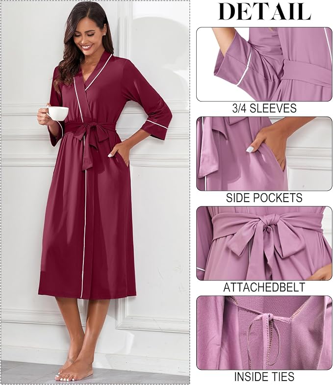 PrinStory Robes for Women 3/4 Sleeve Long Bath Robe XS-4XL | V-Neck Knit Bathrobe with Pockets, Lightweight, Soft, Breathable Robes for Shower, Spa, Travel, Home, Party, Nursing
