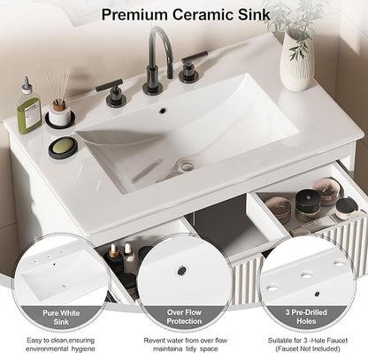 30" Bathroom Vanity with Sink Combo, Floating Vanity Bathroom Cabinet with Ceramic Basin, Soft-Close Function,Modern Wall Mount Sink Vanity for Guest or Master Bath
