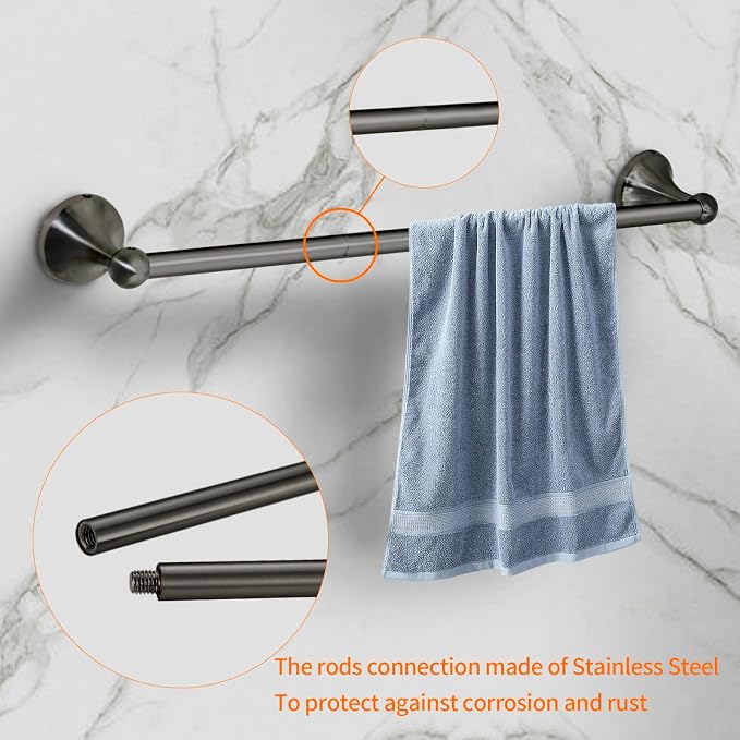 8 Pieces Bathroom Hardware Set Brushed Nickel Adjustable Expandable Towel Bars Towel Ring Wall Mount Toilet Paper Holder Towel Hooks Towel Racks Hand Towel Holder (8 Pcs Black)