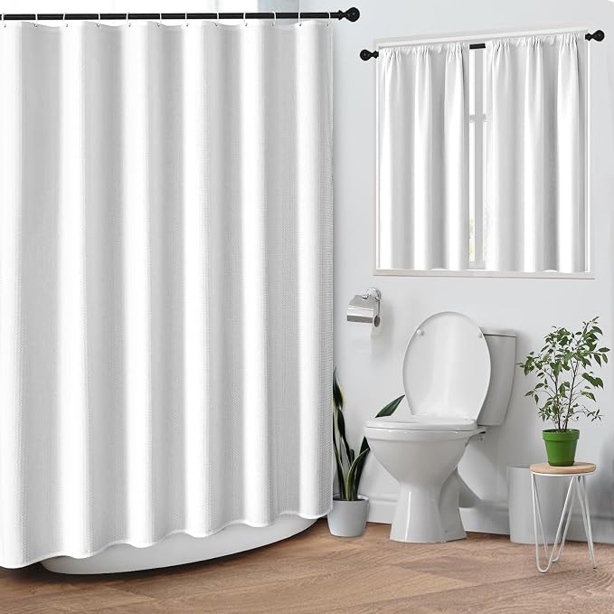 Shower Curtain Set, for Bathroom Decor 72" x 72", Modern White | White Waffle Textured Solid Waffle Textured Cloth Waterproof Matching Window Shower Curtain 36 x 30 Inches