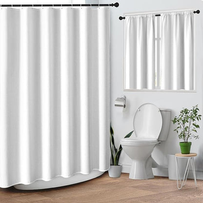 Shower Curtain Set, for Bathroom Decor 72" x 72", Modern White | White Waffle Textured Solid Waffle Textured Cloth Waterproof Matching Window Shower Curtain 36 x 30 Inches