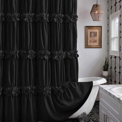 Ruffle Farmhouse Linen Shower Curtain with Vintage Black Linen 72"W x 72"H | Linen Blend Fabric, Ruffle Bow and Ruffled Hem，Linen Texture，Machine Washable，12 Metal Holes and Plastic Hooks
