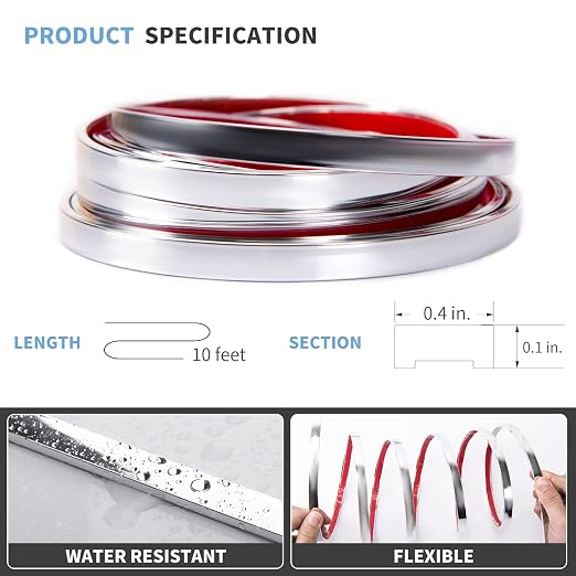 Art3d 10 ft Peel and Stick Flexible Vinyl Molding Trim, Stainless Steel | Durable, Waterproof, Oil-Proof, Superior Adhesive, Useful, Easy to Clean, Ideal for Mirror Edges, Accent Walls, Backsplashes