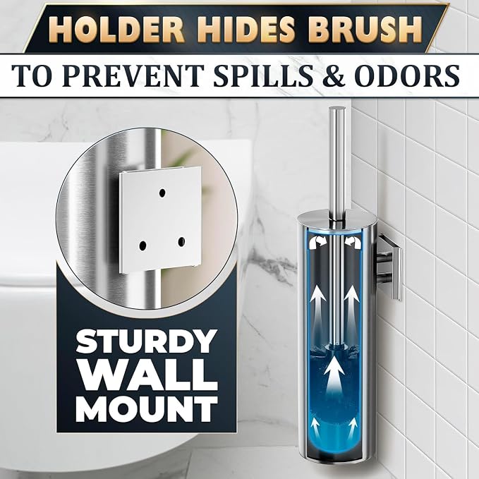 Silver Toilet Brush and Holder Set, Stainless Steel (Wall Mounted) | Bathroom Trash Can and Toilet Brush Set, Splash Protection & Dense Bristles for Bathroom Cleaning, Fits Most Standard Toilets