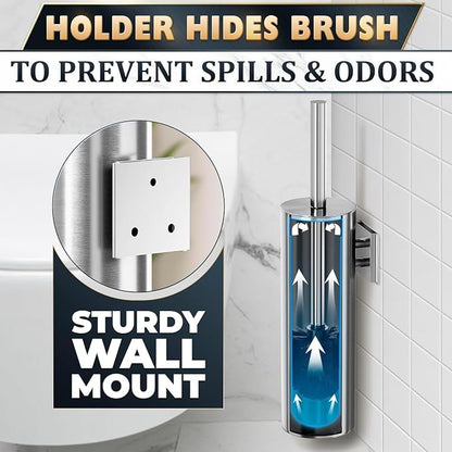 Silver Toilet Brush and Holder Set, Stainless Steel (Wall Mounted) | Bathroom Trash Can and Toilet Brush Set, Splash Protection & Dense Bristles for Bathroom Cleaning, Fits Most Standard Toilets
