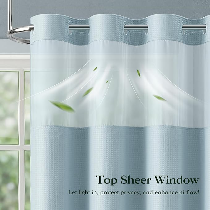 Fog Blue Hook Free Waffle Shower Curtain & Snap-in Liner,72x87 | Less Time to install, 3 in 1 Fabric Shower Curtain and Liner Set with Magnets, Extra Long, Shower Curtains for Bathroom