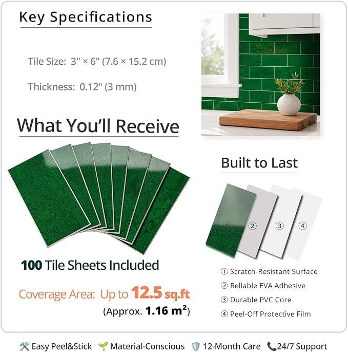StyloVue 100 Pieces Peel and Stick Backsplash for Kitchen, 3" x 6" PVC Subway Tile, 2026 Upgraded Emerald Green Stone, Stick on Wall Tile for Kitchen, Bathroom, Fireplace, RV