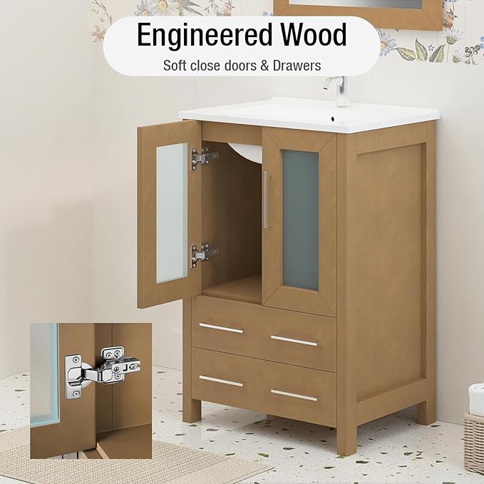 HOMEBEYOND 24 Inch Modern Bathroom Vanity with Sink & Mirror, Single Vanity Cabinet with Basin and Mirror, Dove-Tailed Drawers, Soft-Closing Doors, Wood, Natural Oak