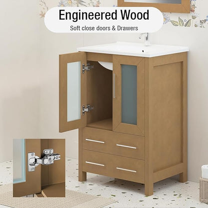 HOMEBEYOND 24 Inch Modern Bathroom Vanity with Sink & Mirror, Single Vanity Cabinet with Basin and Mirror, Dove-Tailed Drawers, Soft-Closing Doors, Wood, Natural Oak