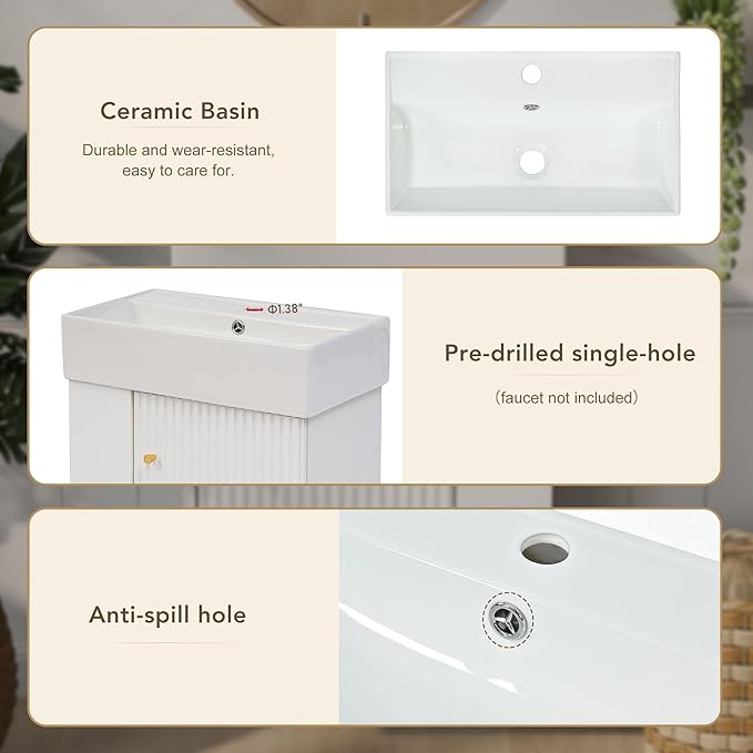 Harper & Bright Designs 21.6" Bathroom Vanity with Sink, Wall-Mounted Single Basin Vanity Set with Cabinet & Two-Tier Left Side Storage Shelf, Storage Cabinet with Ceramic Basin for Bathroom, White