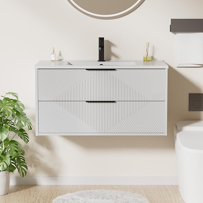 LUCKWIND 36" Floating Bathroom Vanity with Sink Combo, Wall Mounted Floating Cabinet with 2 Large Soft-Close Drawers & Water Saving Faucet, Geometric Textured Design in White