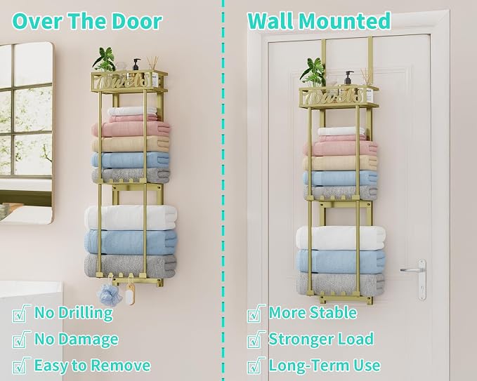 HapiRm Towel Rack Bathroom Storage - 3 Tier Over The Door & Wall Mounted Rolled Towel Racks Holder Organizer with Metal Shelf and 6 Hooks for Small Bathroom, Camper, Rv - Gold