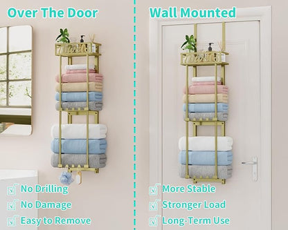 HapiRm Towel Rack Bathroom Storage - 3 Tier Over The Door & Wall Mounted Rolled Towel Racks Holder Organizer with Metal Shelf and 6 Hooks for Small Bathroom, Camper, Rv - Gold