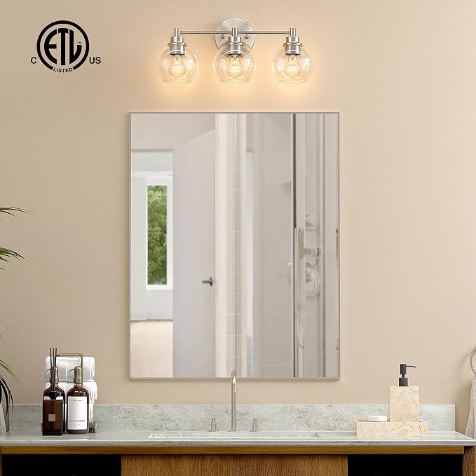 VONLUCE 3 Light Bathroom Vanity Light Fixtures, Brushed Nickel Finish | Globe Glass Shades, E26 Sockets, Easy to install, ETL Certificated, Vanity Lights for Bedroom Hallway Living Room