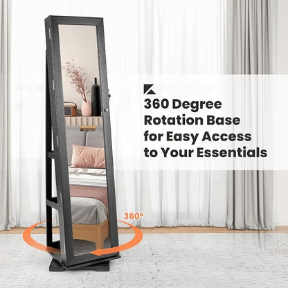 CHARMAID 360° Swivel Jewelry Armoire with Full Length Mirror, Standing Lockable Jewelry Cabinet Organizer, Large Storage Capacity, Inside Makeup Mirror, Back Storage Shelves (Black)