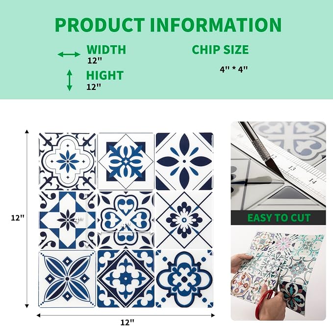 LONGKING Peel and Stick Backsplash Tile Stickers, Admiral Blue Geometric-Shaped Pattern Tile for Kitchen, Stick on Wall Tiles (10 Sheets) | Peel and stick backsplash, self-adhesive wall tile, Admiral Blue, geometric, waterproof, kitchen bathroom wall, ...