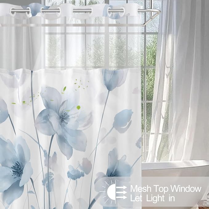 No Hook Shower Curtain and Liner Set, Blue Boho Floral 71x74 | Watercolor Boho Flower, with Snap in Liner, Waterproof, Machine Washable, Quick-Drying, for Hotel Bathroom