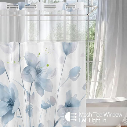 No Hook Shower Curtain and Liner Set, Blue Boho Floral 71x74 | Watercolor Boho Flower, with Snap in Liner, Waterproof, Machine Washable, Quick-Drying, for Hotel Bathroom