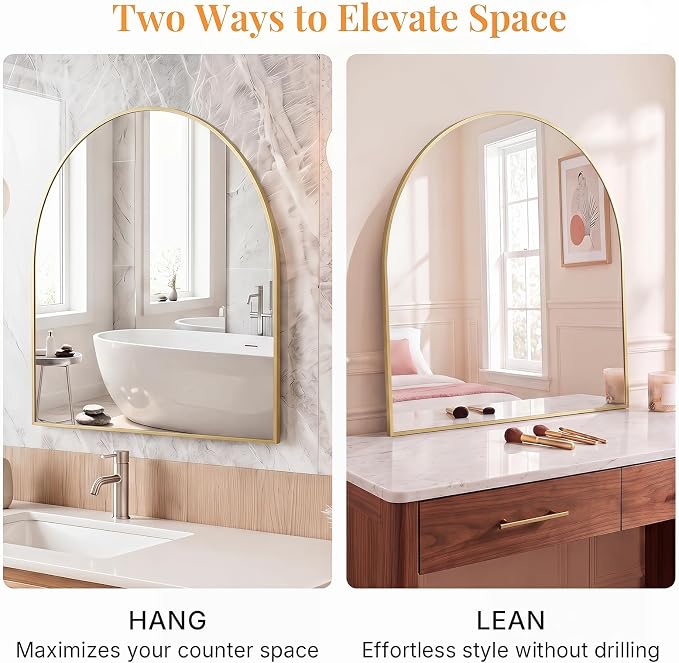 Sweetcrispy 30"x38" Arched Bathroom Mirror, Bathroom Mirrors for Over Sink | Modern Wall Mirrors Arch Decorative for Entryway, Bedroom, Vanity,Horizontal or Vertical Hanging, Gold