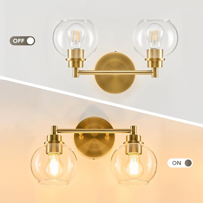VONLUCE 2 Light Bathroom Vanity Light Fixtures, Gold Finish | Globe Glass Shades, E26 Sockets, Easy to install, Vanity Lights for Bedroom Hallway Living Room