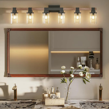 6 Light Bathroom Vanity Light 41 in with Glass Shade, Farmhouse Vanity Light for Bathroom Light fixtures Over Mirror, Square Rustic Brown