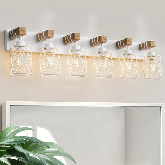 IZORRO Farmhouse Bathroom Vanity Light, 6-Light Wood Bathroom Light Fixtures Over Mirror, Matte White Industrial Vanity Lights with Metal Shade, Rustic Restroom Lighting Fixtures