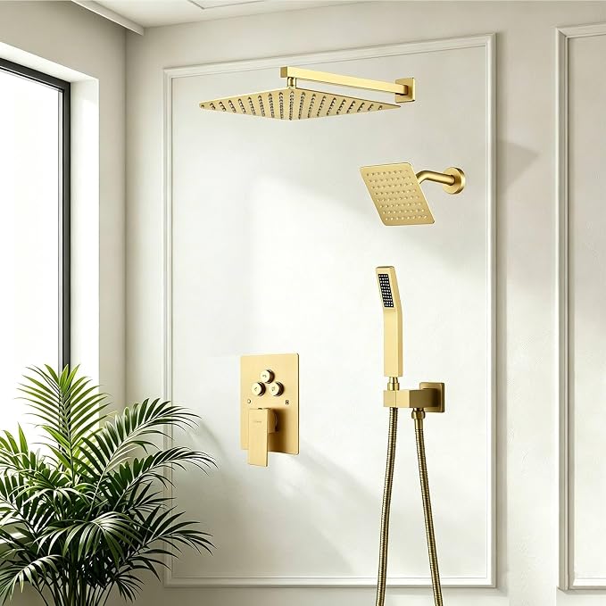 Dual Rainfall Shower Head System Brushed Gold, 3-Function Push Button Shower Faucet Set with 12" Wall Mount Rain shower head and 6" Wall Mount Shower Head, Pressure Balance Rough-in Valve