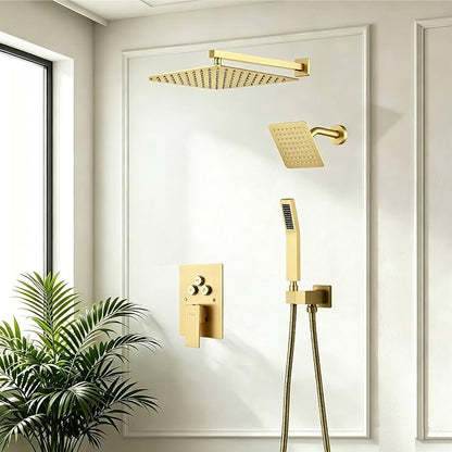 Dual Rainfall Shower Head System Brushed Gold, 3-Function Push Button Shower Faucet Set with 12" Wall Mount Rain shower head and 6" Wall Mount Shower Head, Pressure Balance Rough-in Valve
