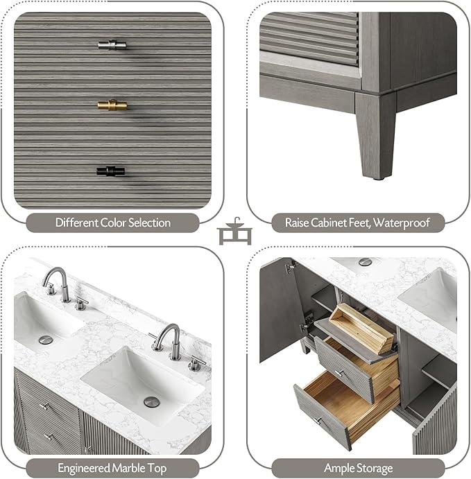 Vanity Art 54" Bathroom Vanity with Double Sink & Arabescato White Engineered Stone Top, Vanity Cabinet with Soft Closing Door, Solid Wood Frame, Golden Brushed Handles, Driftwood Gray VA8154D-DG-GB