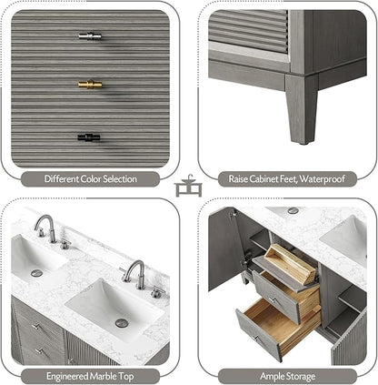 Vanity Art 54" Bathroom Vanity with Double Sink & Arabescato White Engineered Stone Top, Vanity Cabinet with Soft Closing Door, Solid Wood Frame, Golden Brushed Handles, Driftwood Gray VA8154D-DG-GB