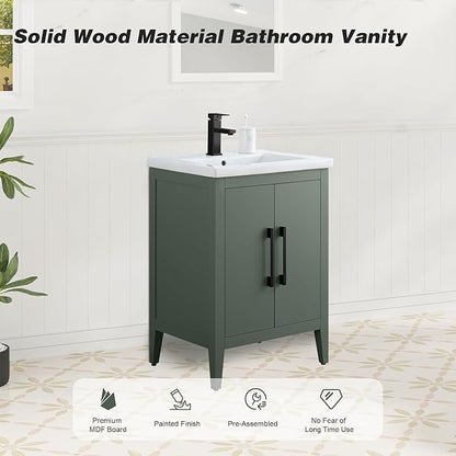 HomeBeyond 24 Inch Bathroom Vanity with Sink & Ceramic Top, Single Vanity Cabinet with Basin, Soft-Closing Doors & Matte Black Hardware, Vintage Green