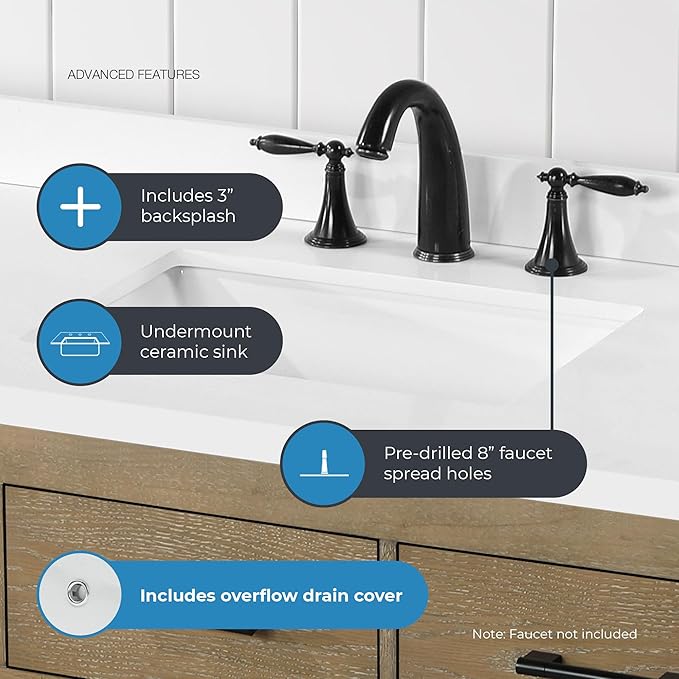 OVE Decors Bailey 48 in. Single Sink Freestanding Driftwood Oak Bathroom Vanity with White Quartz Top, Matching Backsplash and Power Bar