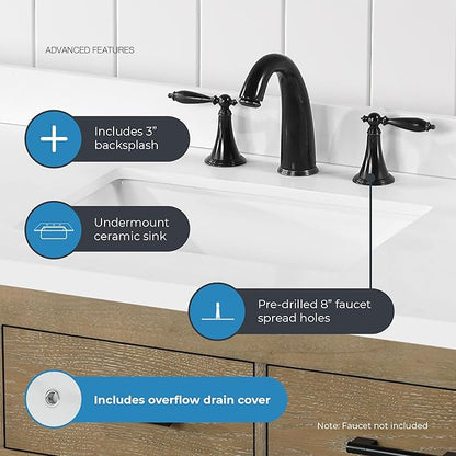 OVE Decors Bailey 48 in. Single Sink Freestanding Driftwood Oak Bathroom Vanity with White Quartz Top, Matching Backsplash and Power Bar