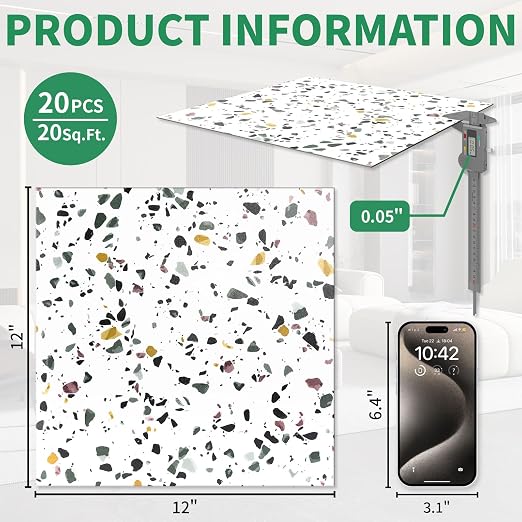 20-Pack 20 Sq.Ft Peel and Stick Floor Tiles Vinyl Matte Pattern Flooring, 12” x 12” Self Adhesive Vinyl Flooring DIY for Kitchen, Bathroom, Laundry, White Terrazzo Marble