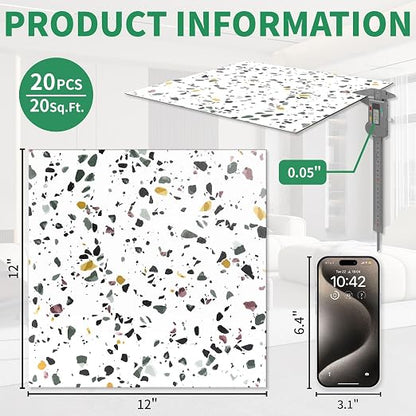 20-Pack 20 Sq.Ft Peel and Stick Floor Tiles Vinyl Matte Pattern Flooring, 12” x 12” Self Adhesive Vinyl Flooring DIY for Kitchen, Bathroom, Laundry, White Terrazzo Marble